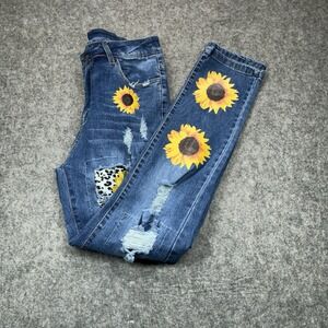 Daisy Denim Womens Jeans M Distressed Straight Skinny Fit Blue Sunflower Leopard